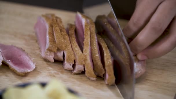 Cutting Pink Center Duck Breast Slices Wooden Chopping Board — Αρχείο Βίντεο