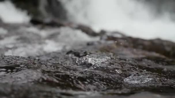 Slow Motion Macro Shot Water Flowing Lucia Falls Looming Background — 图库视频影像