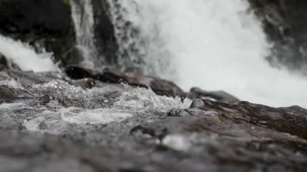 Slow Motion Macro Shot Water Flowing Lucia Falls Looming Background — 비디오