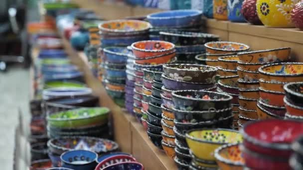 Colorful Pottery Store Display Local Ceramic Product Sale Many Plates — Stok Video