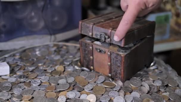 Opening Treasure Box Full Coins Pile Antique Money — Vídeos de Stock