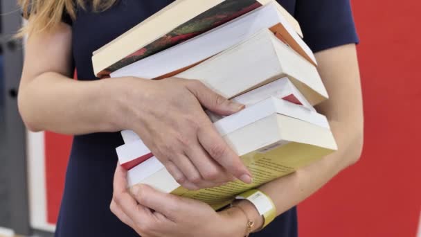 Pile Books Hold Female Student Diligent Reader Literature Lover — Vídeos de Stock