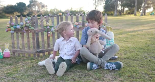 Two Boys Dressed Easter Attire Play Stuffed Easter Bunny Give — 图库视频影像