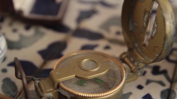 Old Magnetic Compass Close Pan Movement Antique Living Room — Stockvideo