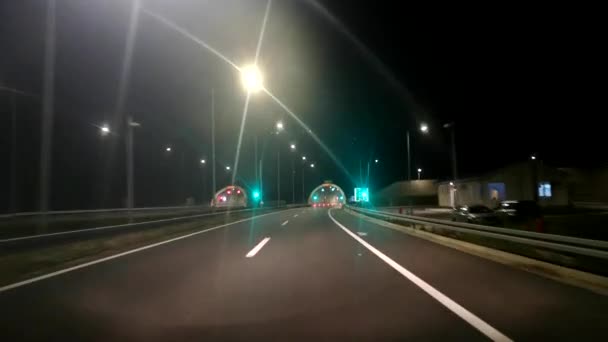 Night Driving Illuminated Highway Entering Tunne — стоковое видео