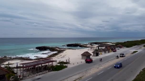 Aerial Drone Flying Coastal Road Mirador Viewpoint Caribbean Sea Cozumel — Wideo stockowe