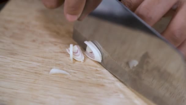 Cutting Lemongrass Small Slices Knife Wooden Cutting Board Close — Αρχείο Βίντεο