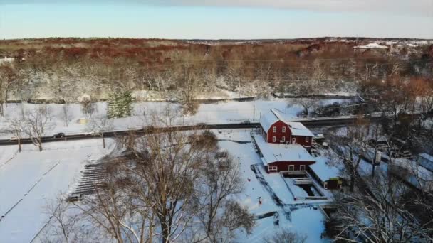 Aerial View Snow Covered Barn Forest Michigan Usa — Stock video