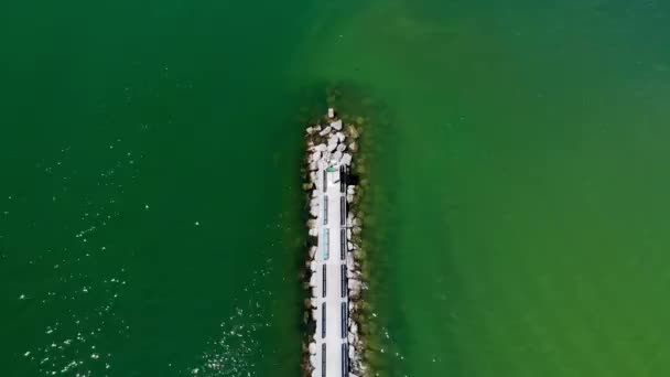 Rising Drone Shot Caseville Pier Lake Huron Michigan — стоковое видео