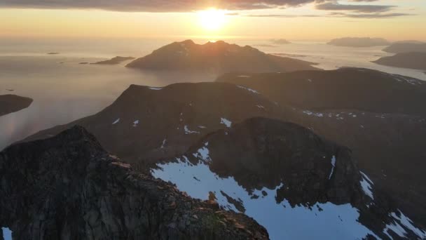 Midnight Drone Footage Mountains Fjords Kvalya Northern Norway Midnight Sun — Stockvideo