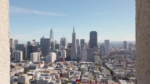 San Francisco Downtown Neighborhoods Skyline Panorama Coit Tower Window — Wideo stockowe