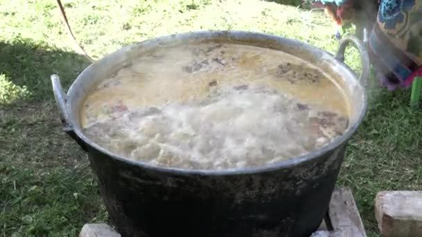Cooking Traditional Soup Large Cauldron Open Air Slow Motion — Wideo stockowe