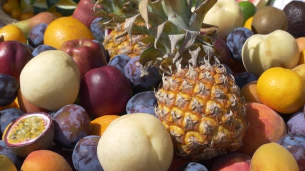 Ovoce Stole Ananas Jablka Švestky Jablka Pomeranče Hrušky Kiwi — Stock video