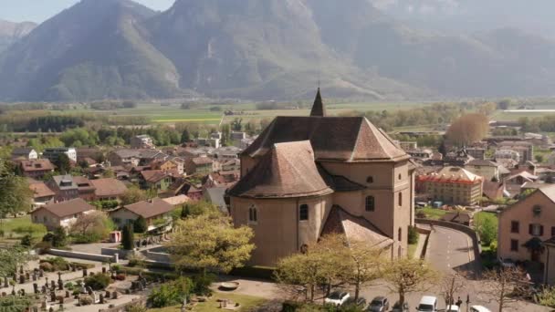 Aerial Dolly Beautiful Old Church Idyllic Town — Stockvideo