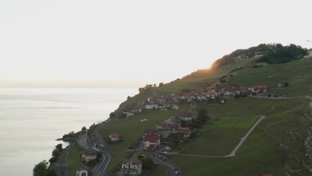 Flying Small Rural Mountain Town Sunset — Wideo stockowe