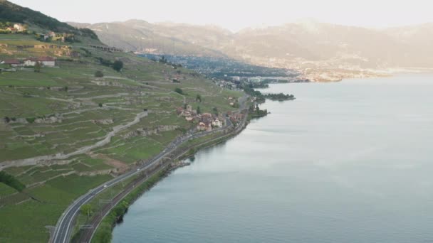 Beautiful Aerial Swiss Countryside Lake Geneva — Video Stock