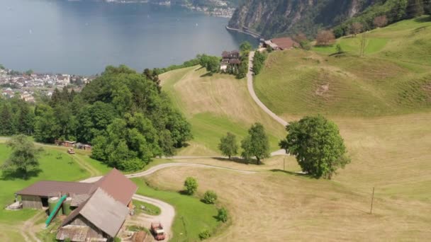 Aerial Homes Idyllic Swiss Countryside — Wideo stockowe