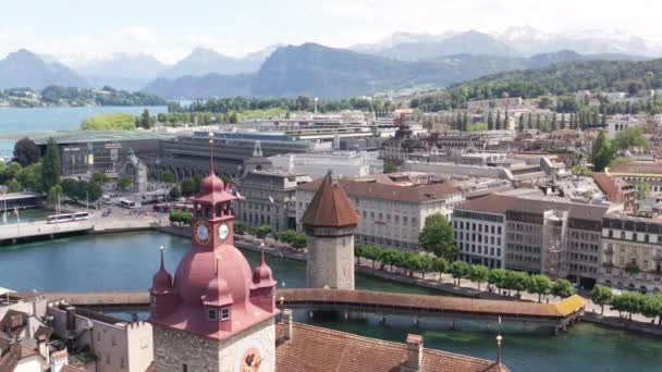 Aerial Clock Tower Downtown Luzern Switzerland — Vídeo de Stock