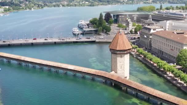 Aerial Overview Monumental Bridge Canal Luzern Switzerland — ストック動画