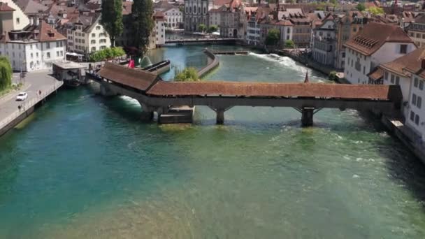 Beautiful Aerial Monumental Bridge Luzern Canal — Video Stock