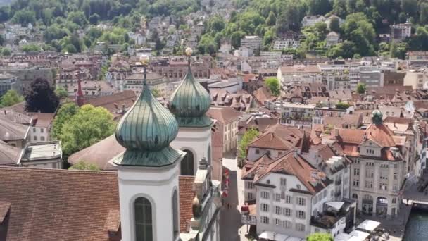 Aerial Beautiful Old Church Towers City Luzern Switzerland — Vídeo de Stock