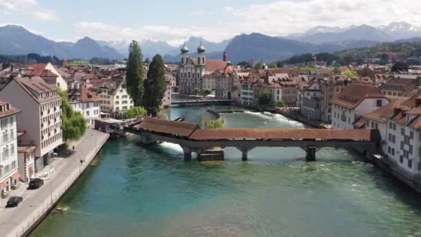 Aerial Dolly Historic Bridge Canal Luzern Switzerland — Video Stock
