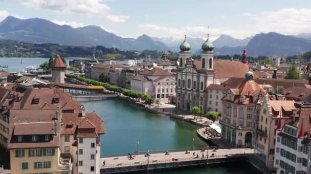 Aerial Historic Church Buildings Canal Luzern Switzerland — Stockvideo