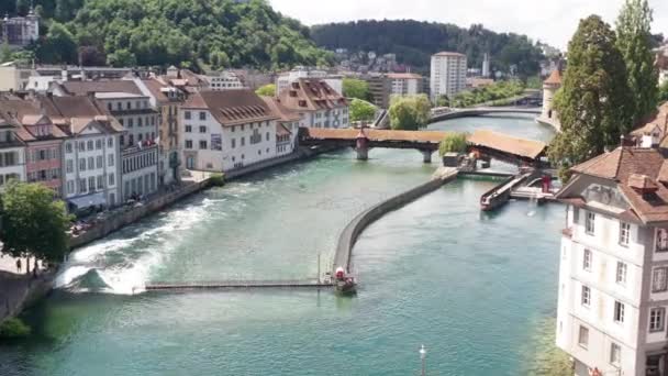 Aerial Beautiful Canal Luzern Switzerland Drone Setting — Vídeo de stock