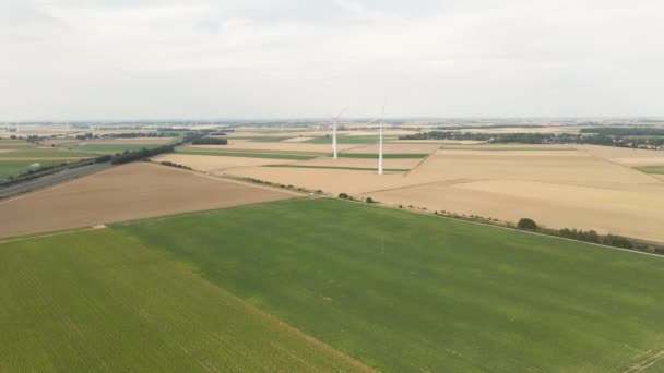 Aerial Sustainable Energy Wind Turbine Generation Farmland — Vídeos de Stock