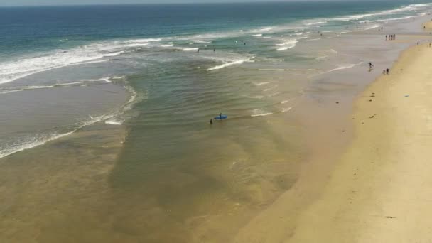 Rotating Aerial Drone Shot Father Son Finish Surfing Beach — Vídeos de Stock