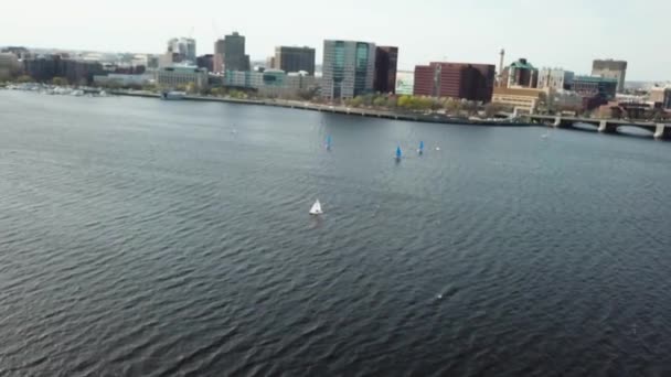 Aerial View Sailboats Charles River Boston Cityscape Cambridge Massachusetts Drone — Video Stock