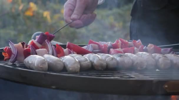 Bruschetta Sausages Barbecue Peppers Being Turned — Stockvideo