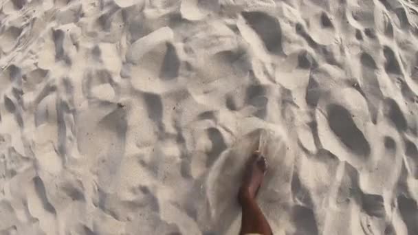 Black Feet Walking Sandy Beach Looking Point View — Vídeo de stock