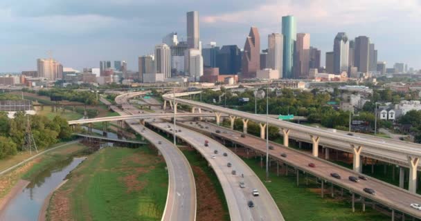 High Angle Establishing Drone Shot Downtown Houston Video Filmed Best — Stok video