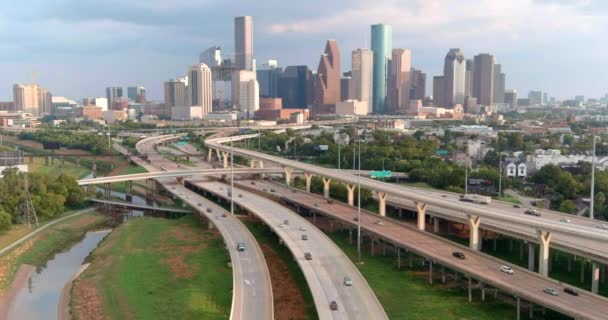 High Angle Slow Motion Establishing Drone Shot Downtown Houston — Video Stock