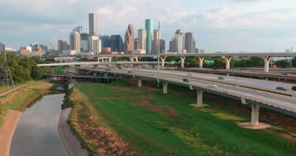 High Angle Establishing Drone Shot Downtown Houston — Vídeo de Stock