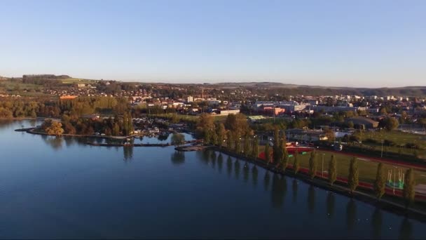 Aerial View City Yverdon Les Bains Switzerland Drone Lake Sunset — Stockvideo