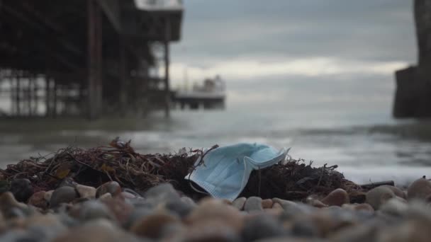 Medical Face Mask Protection Used Thrown Floor Empty Beach Covid — Vídeos de Stock