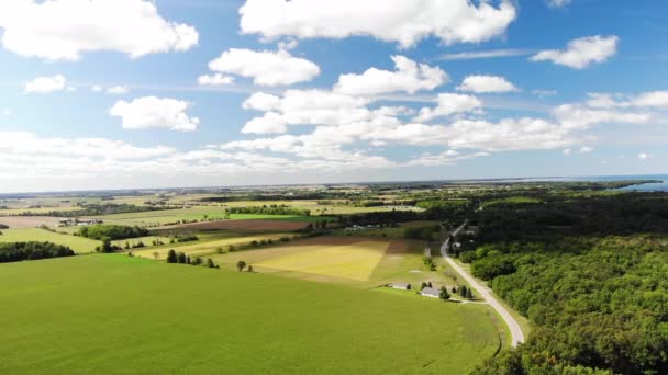 Sweeping Aerial View Farmland Lake Huron Michigan — Stok video