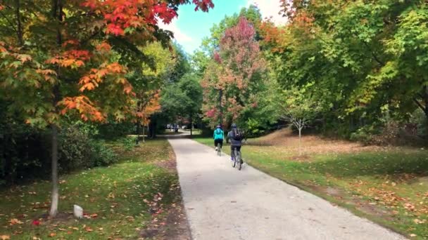 Bikers Trail Wooded Park Bright Red Orange Leaves Sunny Day — Vídeo de Stock