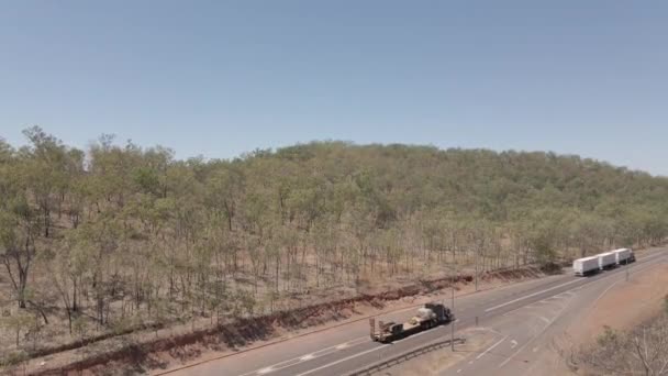 Downward Moving Drone Shot Road Train Northern Territory Australian Outback — Vídeos de Stock