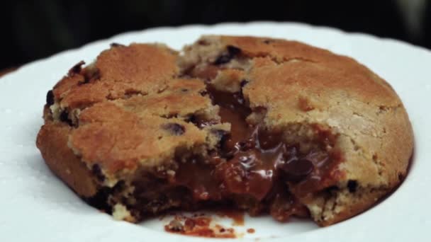 Bitten Chocolate Chip Cookie Filled Dulce Leche Milk Candy White — Vídeos de Stock