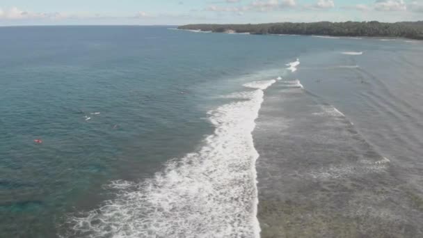 Aerial Drone View Surfers Waiting Perfect Wave Break Paradise Island — Αρχείο Βίντεο