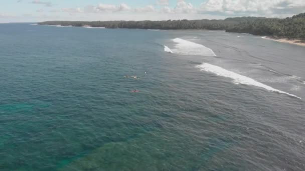 Aerial Drone View Surfers Waiting Perfect Wave Break Paradise Island — kuvapankkivideo