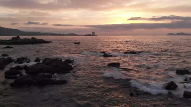 Красивый Воздушный Дрон Южного Галисийского Побережья Испании Виго Золотой Час — стоковое видео
