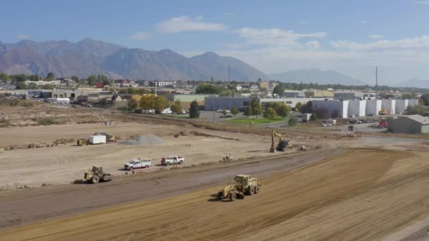 Aerial Shot Road Grader Bulldozer Roller Compacting Leveling Dirt Construction — Video