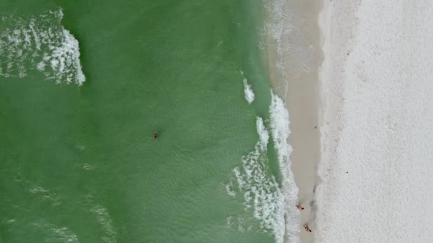 Tourist Playing Ocean Waves Tropical Beach Overhead Aerial Drone View — Wideo stockowe