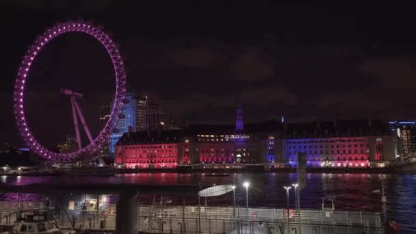 Colorful Night Famous Viewpoint Thames River London Eye Night Lights — стокове відео