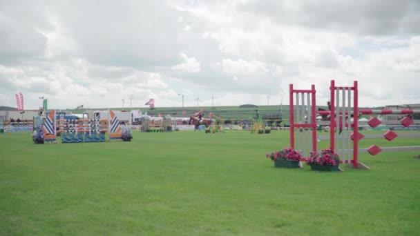 Equestrian Competition Agricultural Show Rider Horse Jumping High Obstacle Bars — Stock video