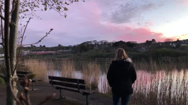 Lady Walks Sits Bench Lake Shore Watch Beautiful Sunset Wide — Wideo stockowe